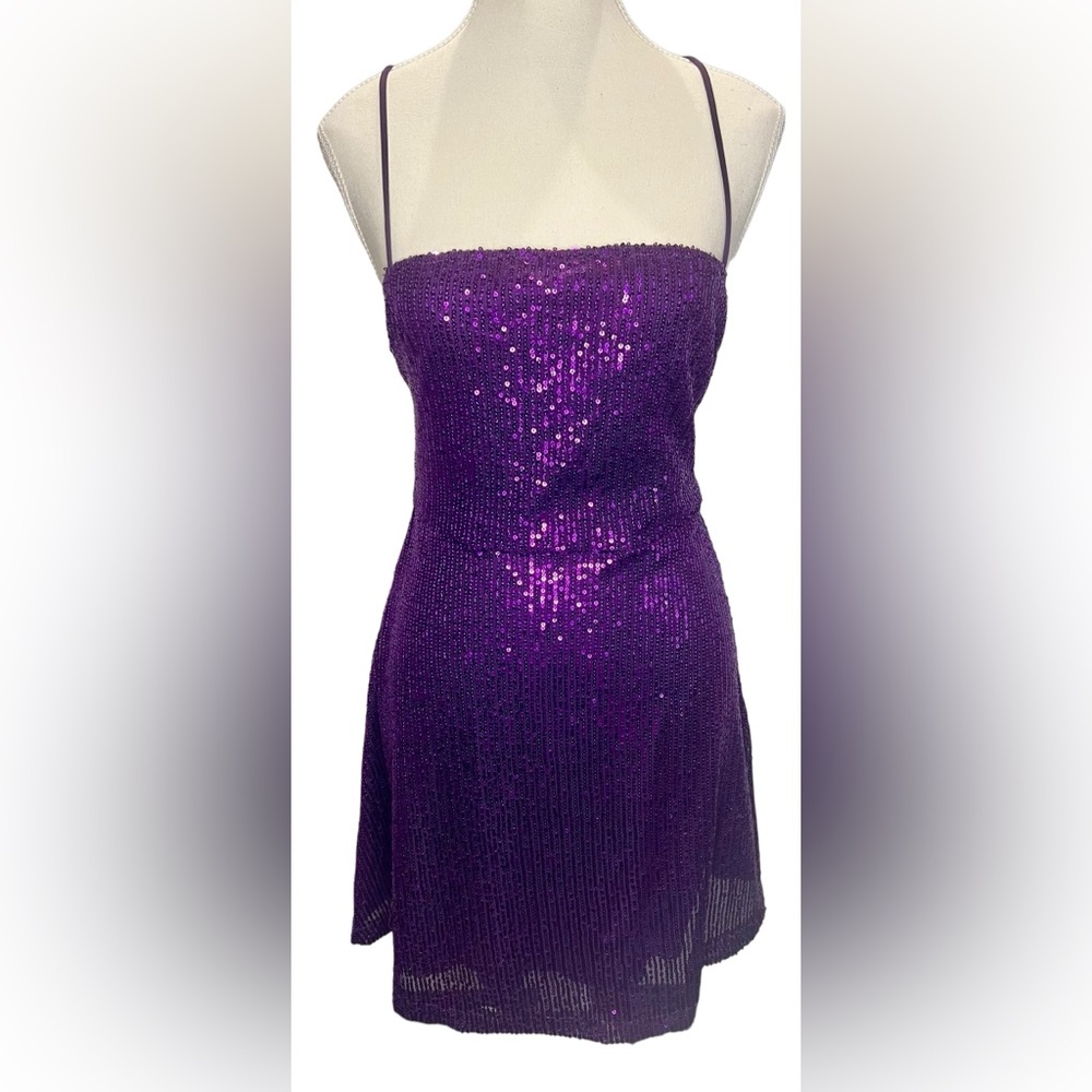 MOTEL ROCKS purple sequined glam mini dress criss cross open back Size M Sequins